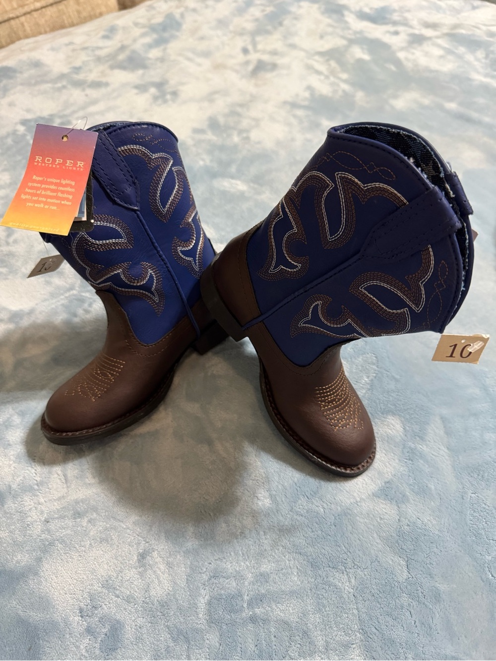 Roper Boys Navy and Brown Pull-On Western Boots - With Blue Light Up